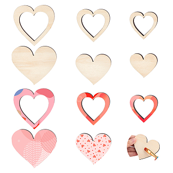 US Unfinished Wooden Cutouts, for Valentine's Day, Heart, Old Lace, 4.9~11.6x5.4~11.5x0.75cm, 1pc/style, 6 style, 6pcs/box