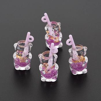 Imitation Bubble Tea/Boba Milk Tea Transparent Resin Pendants, Boba Polymer Clay inside, with Acrylic Cup and Gold Foil, Bear, Medium Orchid, 28.5~31.5x14x13mm, Hole: 1.8mm