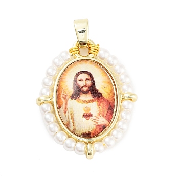 Rack Plating Brass Enamel Pendants, with Plastic Imitation Pearl, Long-Lasting Plated, Cadmium Free & Lead Free, Real 18K Gold Plated, Oval with Virgin Mary Charm, Orange, 28x22.5x6mm, Hole: 4.5x3.5mm