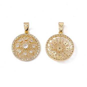 Brass Micro Pave Clear Cubic Zirconia Pendants, Hollow Flat Round with Flower Charm, Real 18K Gold Plated, 20.5x18x4mm, Hole: 3x5.5mm