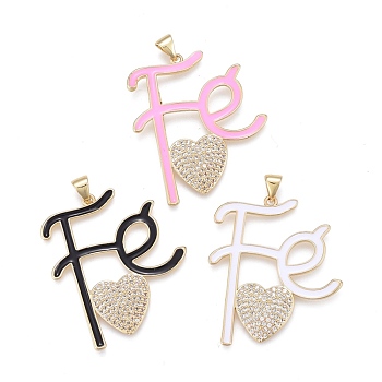 Brass Micro Pave Cubic Zirconia Pendants, with Enamel, Long-Lasting Plated, Real 18K Gold Plated, Letter and Heart, Mixed Color, 35x30.5x3mm, Hole: 3x5mm