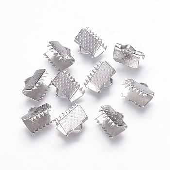 Stainless Steel Ribbon Crimp Ends, Stainless Steel Color, 10x11mm, Hole: 1.5x3.5mm