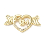Mother's Day Brass Micro Pave Cubic Zirconia Connector Charms, Golden, Heart with Word Mom & Wing, 13.5x27x3mm, Hole: 1.4mm(CU-CBAC7ED-01B-G)