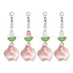 4Pcs 4 Styles Acrylic Petal Pendant Decorations, Tulip, with Alloy Lobster Claw Clasps and Glass Beads, Platinum, Mixed Color, 80mm, 1pc/style(HJEW-DR00316)