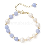 Natural Dyed Blue Lace Agate Beads & Cultured Freshwater Pearl Round Beaded Bracelets for Women, with Brass Beads, Real 18K Gold Plated, 7-1/4 inch(18.4cm)(BJEW-JB12708)