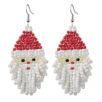 Glass Seed Dangle Earrings, with 304 Stainless Steel Earring Findings, Santa Claus, Mixed Color, 80mm(EJEW-JE06214)
