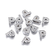 Alloy Initial Slide Charms with Grade A Rhinestones, Lead Free & Nickel Free, Platinum, Letter.P, 12~13x8~13x4~5mm, Hole: 8x2mm(ALRI-R032-P-FF)