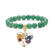 Natural Green Aventurine Stretch Bracelet, Yoga Chakra Mixed Gemstone Chips Heart with Tree Charms Bracelet for Women, Inner Diameter: 2-1/8 inch(5.4cm)(BJEW-JB08747-04)