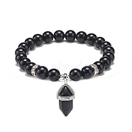 Natural Obsidian Round Beaded Stretch Bracelet with Bullet Charms, Gemstone Yoga Jewelry for Women, Inner Diameter: 2~2-1/8 inch(5.1~5.3cm)(BJEW-JB09018-05)