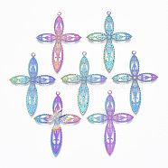 Ion Plating(IP) 201 Stainless Steel Filigree Pendants, Etched Metal Embellishments, Cross, Rainbow Color, 45.5x32x0.4mm, Hole: 1.5mm(X-STAS-T057-10)