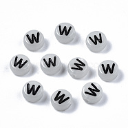 Acrylic Beads, with Enamel and Luminous, Horizontal Hole, Flat Round with Black Letter, Glow in the Dark, Light Grey, Letter.W, 7x3.5mm, Hole: 1.5mm, about 3600~3700pcs/500g(SACR-S273-29W)