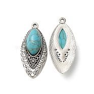 Synthetic Turquoise Pendants, Southwest Style, with Tibetan Style Alloy Findings, Leaf Charms, Antique Silver, 35x15.5x7mm, Hole: 1.6mm(PALLOY-F300-07AS)