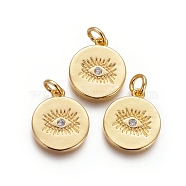Brass Pendants, with Cubic Zirconia and Jump Rings, Flat Round with Evil Eye, Clear, Golden, 15x13x1.5mm, Hole: 3mm(KK-I656-14G)
