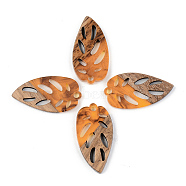 Resin & Walnut Wood Pendants, Leaf, Orange, 28x15x3mm, Hole: 2mm(RESI-S389-048B-A01)