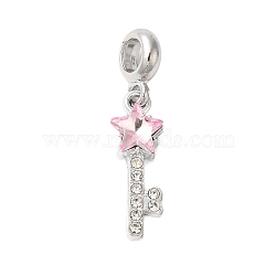 Rack Plating Alloy Light Rose Rhinestone European Dangle Charms, Large Hole Star Key Pendants, Cadmium Free & Nickel Free & Lead Free, Platinum, 34mm, Hole: 5mm(PALLOY-S189-41P)