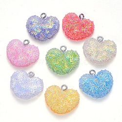 Epoxy Resin Pendants, with Sequins/Paillette and Platinum Plated Iron Loop, Heart, Mixed Color, 18.5~19.5x21x7.5mm, Hole: 2mm(RESI-T044-03A)