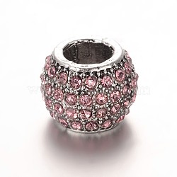 Antique Silver Plated Alloy Rhinestone European Beads, Large Hole Rondelle Beads, Light Rose, 12x9mm, Hole: 5.5mm(X-CPDL-E036-E09)