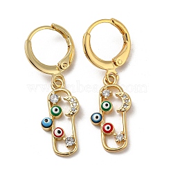Real 18K Gold Plated Brass Dangle Leverback Earrings, with Enamel and Cubic Zirconia, Evil Eye & Moon, Colorful, 31.5x9mm(EJEW-A033-23G-01)