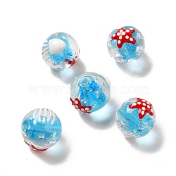 Handmade Lampwork Beads, Hand Drawn Beads, with Enamel, Round with Starfish & Jellyfish Pattern, Sky Blue, 13~13.5mm, Hole: 1.5~2mm(LAMP-G162-04B)