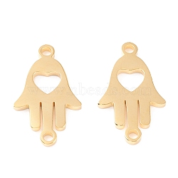 201 Stainless Steel Links, Manual Polishing, Hamsa Hand/Hand of Miriam with Heart Vacuum Plating , Real 18K Gold Plated, 21x12x1.5mm, Hole: 1.6mm(STAS-F231-141G)
