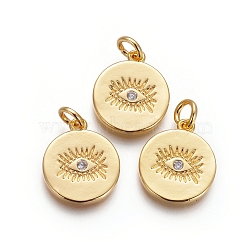 Brass Pendants, with Cubic Zirconia and Jump Rings, Flat Round with Evil Eye, Clear, Golden, 15x13x1.5mm, Hole: 3mm(KK-I656-14G)