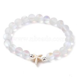 Beach Starfish Dyed Synthetic Turquoise Bead Bracelets, 8mm Round Synthetic Moonstone Beaded Stretch Bracelets for Women Men, Beige, Inner Diameter: 2-1/8 inch(5.5cm), 8mm(BJEW-JB10251-02)