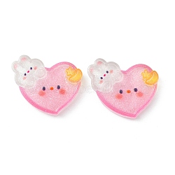 Translucent Resin Cabochons, Glitter Heart with Rabbit, Pearl Pink, 26x27.5x5.5mm(CRES-O006-12)