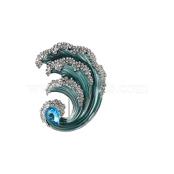 Wave Enamel Pin, Alloy Rhinestone Brooch for Backpack Clothes, Pale Turquoise, 61x46mm(PW-WG105F7-01)