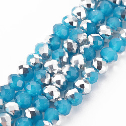 Electroplate Glass Beads Strands, Imitation Jade, Half Silver Plated, Faceted, Rondelle, Deep Sky Blue, 6x5mm, Hole: 1mm, about 85~88pcs/strand, 16.1~16.5 inch(41~42cm)(EGLA-A034-J6mm-M08)