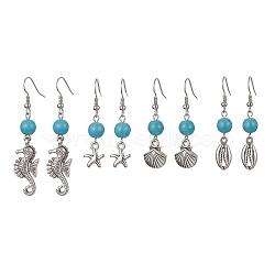 Synthetic Turquoise Beaded Dangle Earrings, Tibetan Style Alloy Ocean Theme Earrings, Mixed Shape, Antique Silver, 40~56x8~12mm(EJEW-JE05496)