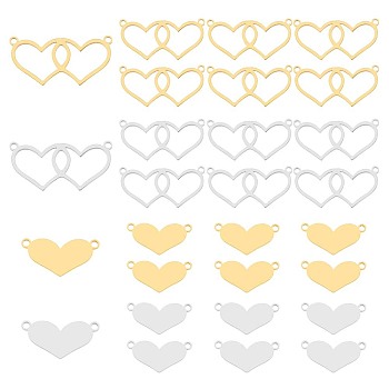 DICOSMETIC 24Pcs 4 Styles Valentine's Day 304 Stainless Steel Connector Charms, Heart, Golden & Stainless Steel Color, 9.5~13x19~26.5x1mm, Hole: 1.3~1.5mm, 6pcs/style