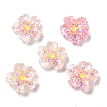 Transparent Resin Cabochons, Flower with Sequins, Pink, 18.5x19.5x5mm