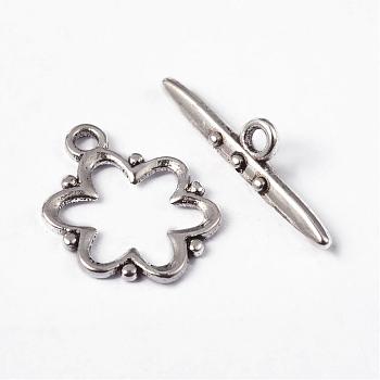 Alloy Toggle Clasps, Lead Free and Cadmium Free, Antique Silver, Flower: 19x15x1.5mm, hole: 2mm. Bar: 24x6x4mm, hole: 2mm