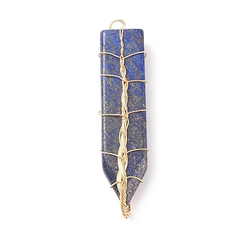 Natural Lapis Lazuli Big Pendants, with Light Gold Tone Copper Wire Wrapped, Dyed, Sword, 61~63x13.5~15x7.5~8mm, Hole: 3.5mm