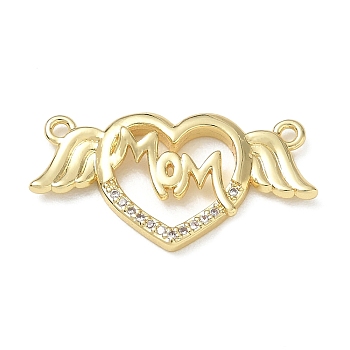 Mother's Day Brass Micro Pave Cubic Zirconia Connector Charms, Golden, Heart with Word Mom & Wing, 13.5x27x3mm, Hole: 1.4mm