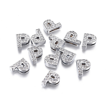 Alloy Initial Slide Charms with Grade A Rhinestones, Lead Free & Nickel Free, Platinum, Letter.P, 12~13x8~13x4~5mm, Hole: 8x2mm