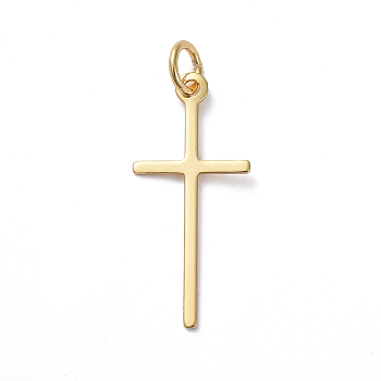 Brass Pendants, Long-Lasting Plated, Cross, Real 18K Gold Plated, 23x10.5x0.6mm, Hole: 3.2mm