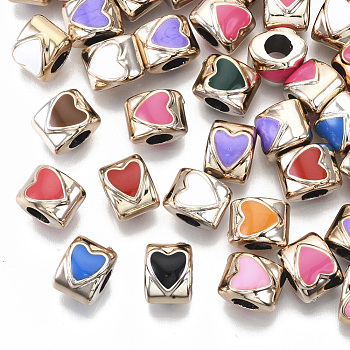 UV Plating Acrylic European Beads, with Enamel, Large Hole Beads, Mixed Color, Heart, Light Gold, 10x8~9x8mm, Hole: 4mm