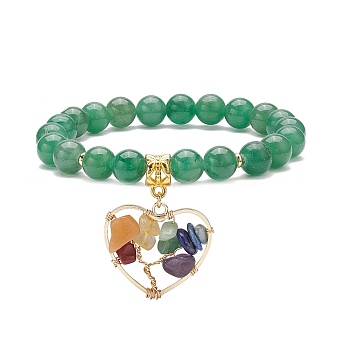 Natural Green Aventurine Stretch Bracelet, Yoga Chakra Mixed Gemstone Chips Heart with Tree Charms Bracelet for Women, Inner Diameter: 2-1/8 inch(5.4cm)