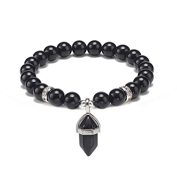 Natural Obsidian Round Beaded Stretch Bracelet with Bullet Charms, Gemstone Yoga Jewelry for Women, Inner Diameter: 2~2-1/8 inch(5.1~5.3cm)