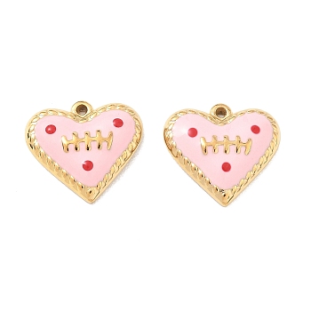 Rugby Pattern 304 Stainless Steel Enamel Pendants, Heart Charms, Ion Plating(IP), Real 18K Gold Plated, Pink, 15.5x16.5x3mm, Hole: 1mm