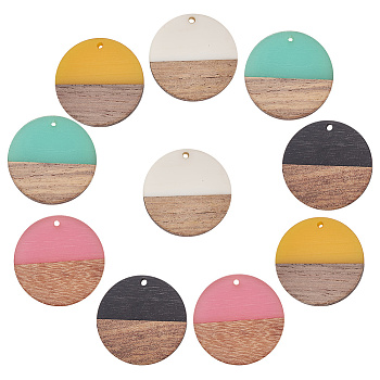SUNNYCLUE Resin & Wood Pendants, Flat Round, Mixed Color, 28.5x3.5~4mm, Hole: 1.5mm, 5colors, 2pcs/color, 10pcs/box