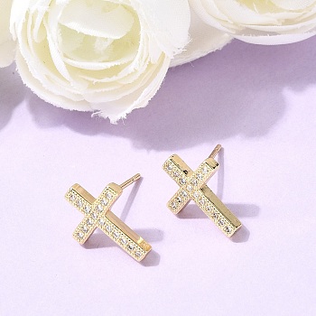 Cross Brass Micro Pave Clear Cubic Zirconia Stud Earrings, Cadmium Free & Lead Free, Long-Lasting Plated, Rack Plating, Real 18K Gold Plated, 14x10.5mm