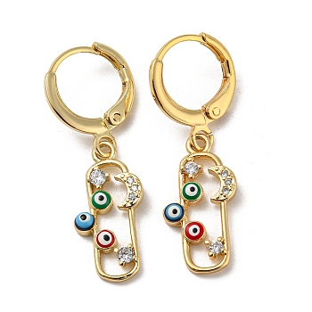 Real 18K Gold Plated Brass Dangle Leverback Earrings, with Enamel and Cubic Zirconia, Evil Eye & Moon, Colorful, 31.5x9mm