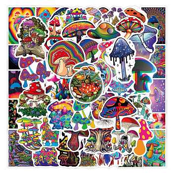 50Pcs Rainbow Color PVC Waterproof Cartoon Stickers, Self-adhesive Plant Decals, for Suitcase, Skateboard, Refrigerator, Helmet, Mobile Phone Shell, Mushroom Pattern, 50~80mm