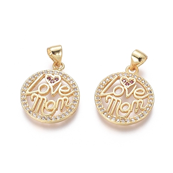 Golden Plated Brass Pendants, with Cubic Zirconia, Flat Round with Word Love Mom, for Mother's Day, Clear, 19x16x2mm, Hole: 3.5x4mm