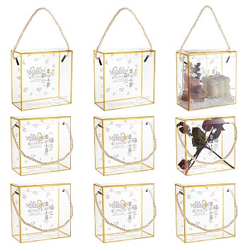 Transparent PET Candy Gift Boxes, Goodies Storage Case with Rope Handle, Square, Gold, 14x7x14cm