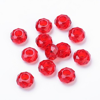 Glass European Beads, Large Hole Beads, No Metal Core, Rondelle, Red, 14x8mm, Hole: 5mm