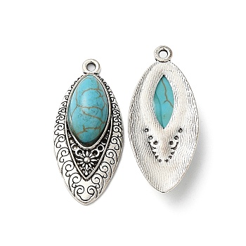 Synthetic Turquoise Pendants, Southwest Style, with Tibetan Style Alloy Findings, Leaf Charms, Antique Silver, 35x15.5x7mm, Hole: 1.6mm