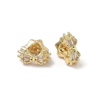 Bowknot Brass Micro Pave Clear Cubic Zirconia Beads, Triangle Large Hole Beads, Cadmium Free & Lead Free, Rack Plating, Long-Lasting Plated, Real 18K Gold Plated, 10x11.5x5mm, Hole: 5mm